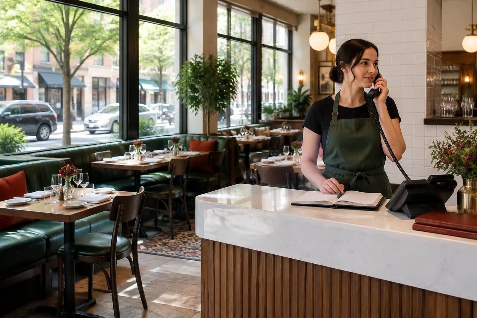 Illustrative restaurant host handling a phone inquiry at a bright host stand; generated image, not a VoxSun customer or product photograph.